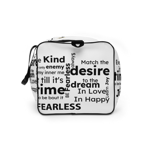 "FEARLESS" white with black text Duffle bag - The Fearless Shop